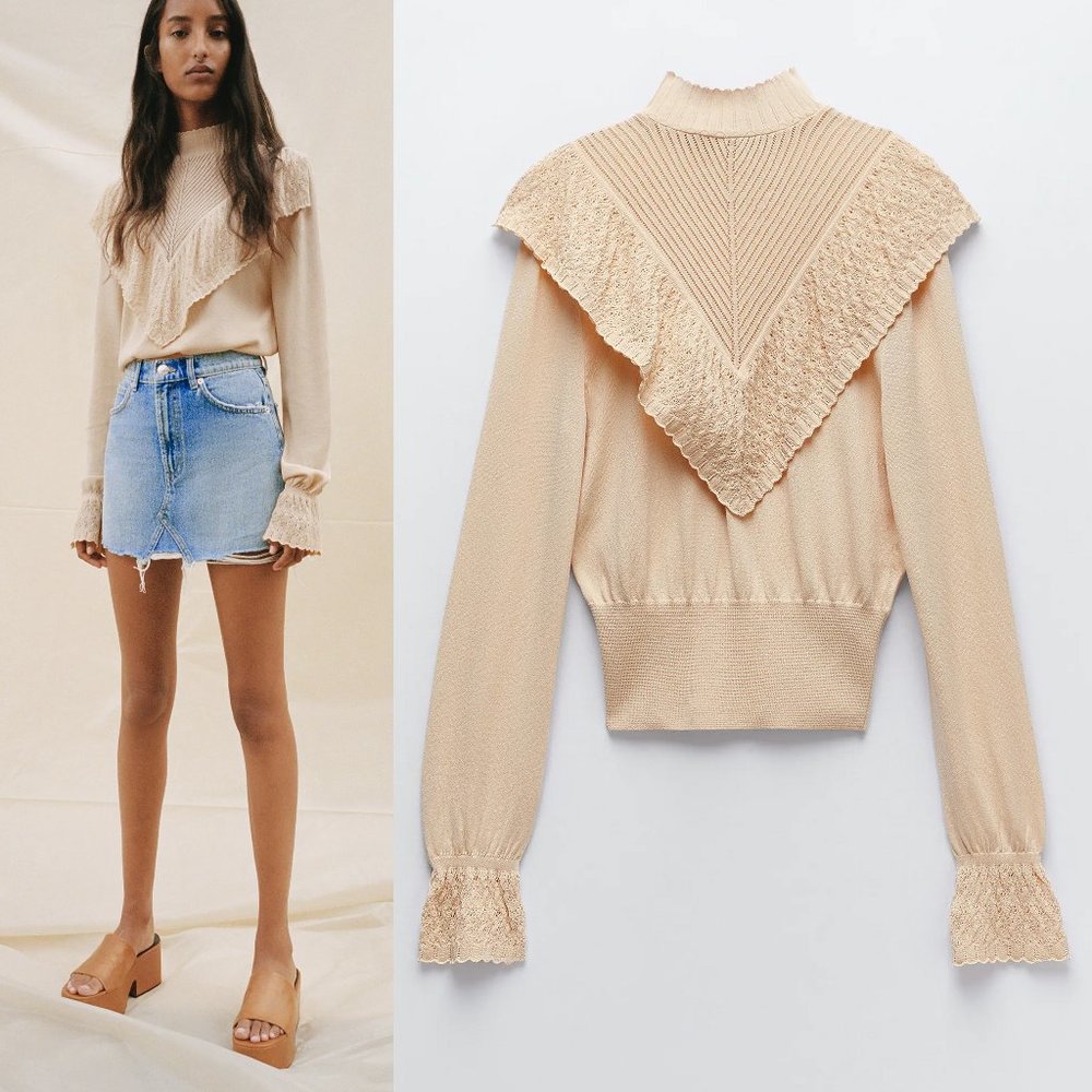 NEW Zara Long Sleeve Ruffled Knit Sweater Cream